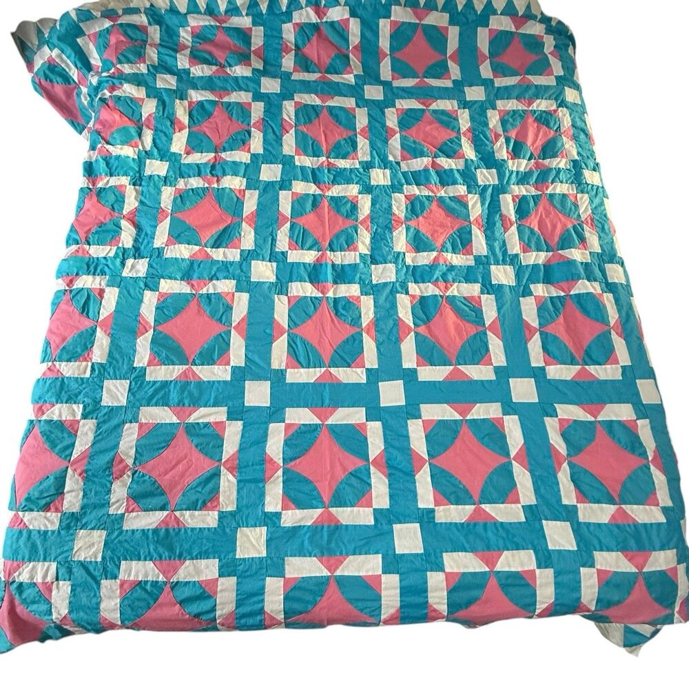 Quilt Topper Curved Star Pattern Hand Stitched 96x81 Pink Blue Unfinished Crafts